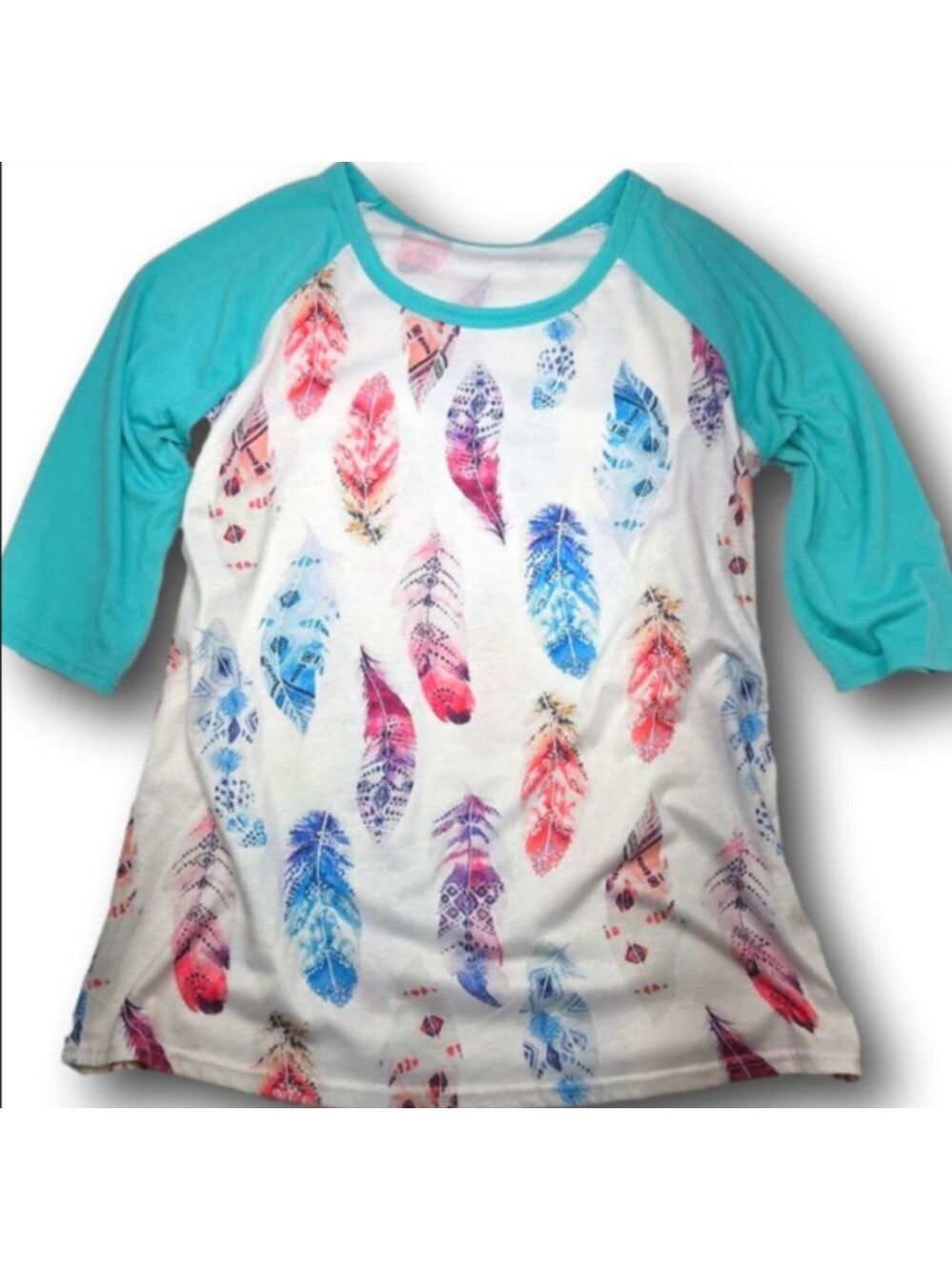 Women's Unbranded Long Sleeve Tee XL White Turquoise Feather Print